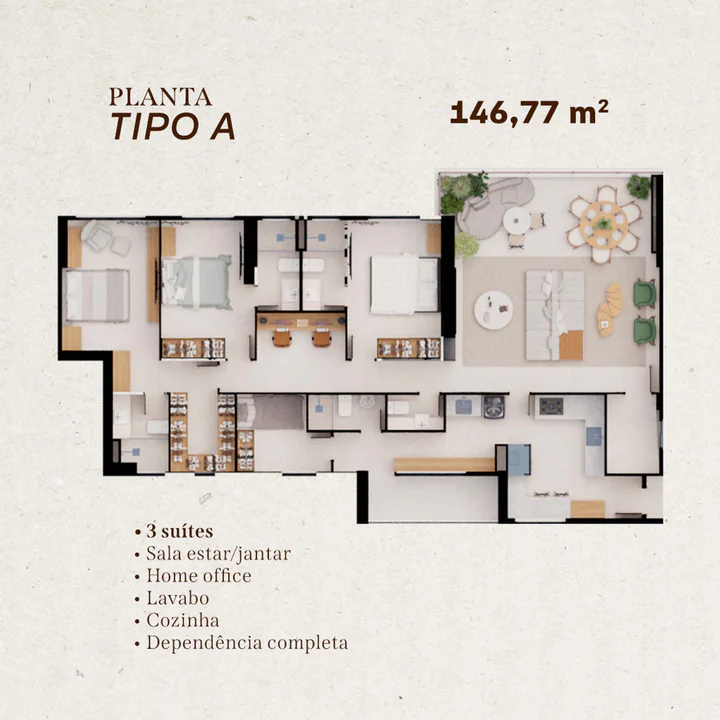 Planta Tipo A do Skyline, 146,77 m²
