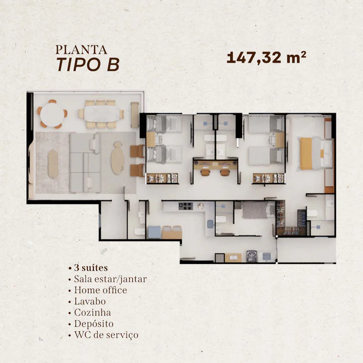 Planta Tipo B do Skyline, 147,32 m²